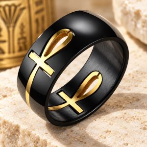 Bague Croix Egyptienne Noire et Dorée