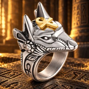 Bague Egypte Ancienne - Tête d'Anubis Argentée & Croix de Vie Dorée
