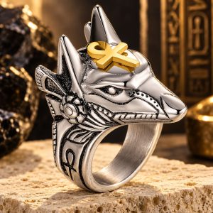 Bague Egypte Ancienne – Tête d’Anubis Argentée & Croix de Vie Dorée