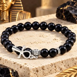 Bracelet Egyptien Ancien - Perles Noires Protectrices et Croix de Vie