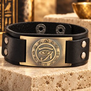 Bracelet Egyptien Cuir - Œil d'Horus & Hiéroglyphes