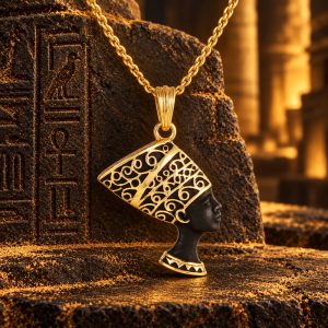 Collier Egyptien Antique - Buste de la Déesse Néfertiti - Noir et Doré