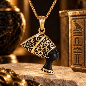 Collier Egyptien Antique – Buste de la Déesse Néfertiti – Noir et Doré