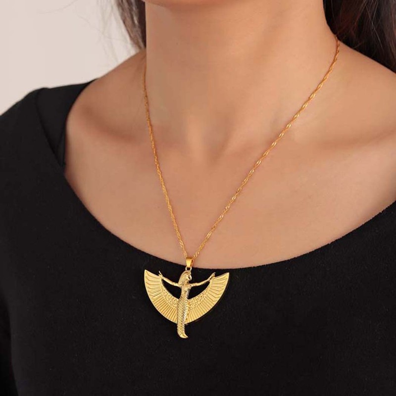 Collier Pendentif Isis Égypte Antique - Taille XXL (9x5 Cm), Chaîne 40 Cm, Doré - Bijou Mythique Pour Tenue Soirée